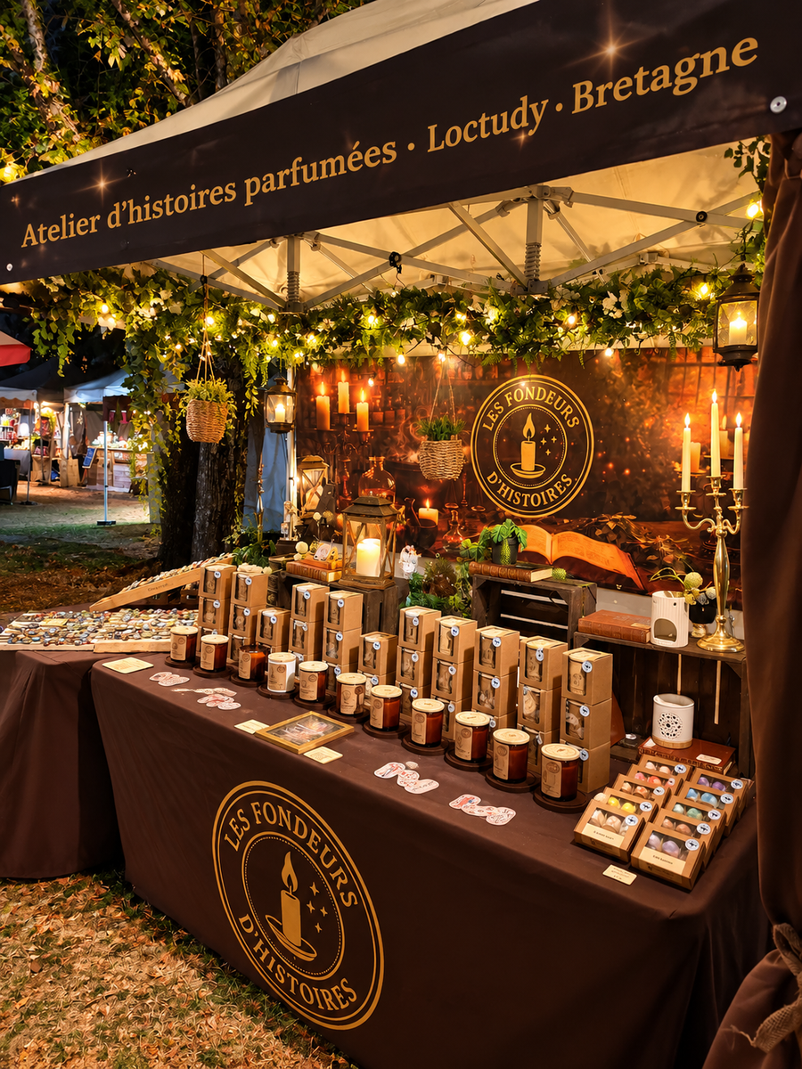 Stand des Fondeurs d'Histoires sur un marché nocturne en Bretagne