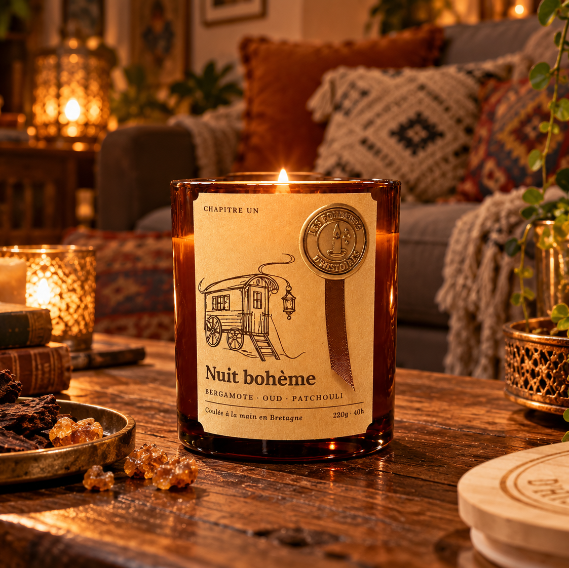 Bougie parfumée Nuit bohème allumée sur une table en bois, dans un salon bohème aux coussins brodés et lanternes dorées, Les Fondeurs d'Histoires