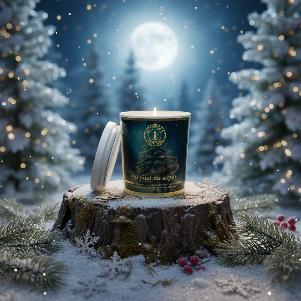 Bougie naturelle parfumée avec mèche en coton, ambiance hivernale et chaleureuse.