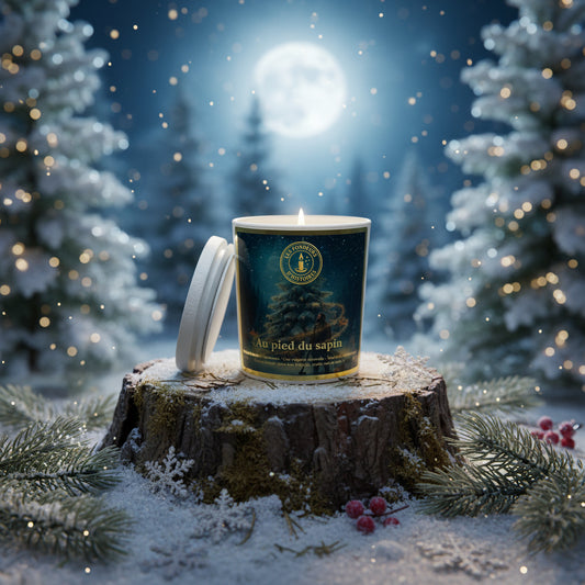 Bougie naturelle parfumée avec mèche en coton, ambiance hivernale et chaleureuse.