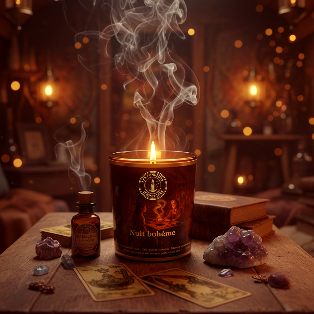 Détail d’une étiquette dorée sur bougie artisanale fabriquée à la main en Bretagne.