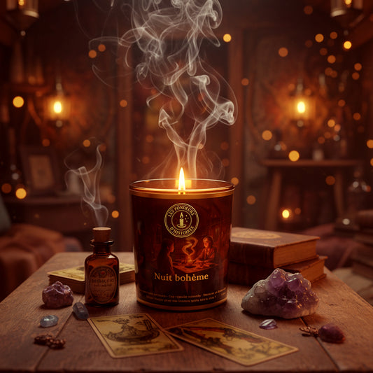 Détail d’une étiquette dorée sur bougie artisanale fabriquée à la main en Bretagne.