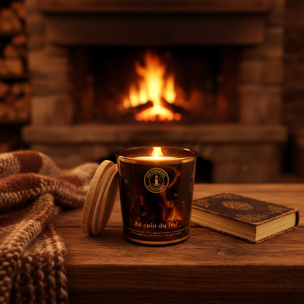 Bougie parfumée présentée dans un décor magique et poétique inspiré des contes.