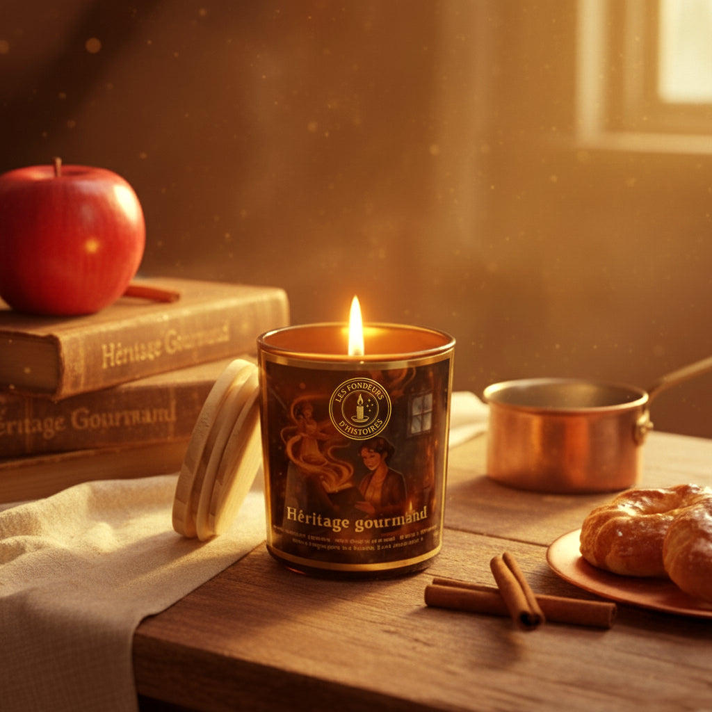 Détail d’une étiquette dorée sur bougie artisanale fabriquée à la main en Bretagne.