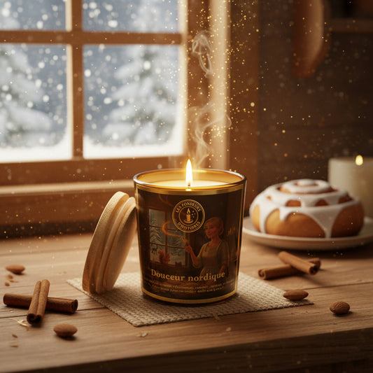 Bougie parfumée présentée dans un décor magique et poétique inspiré des contes.