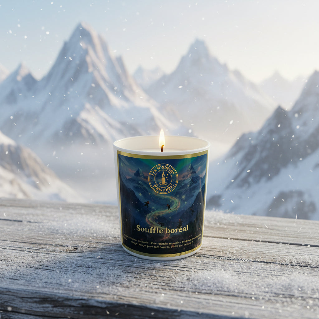 Flamme douce d’une bougie Les Fondeurs d’Histoires créant une lumière chaleureuse.