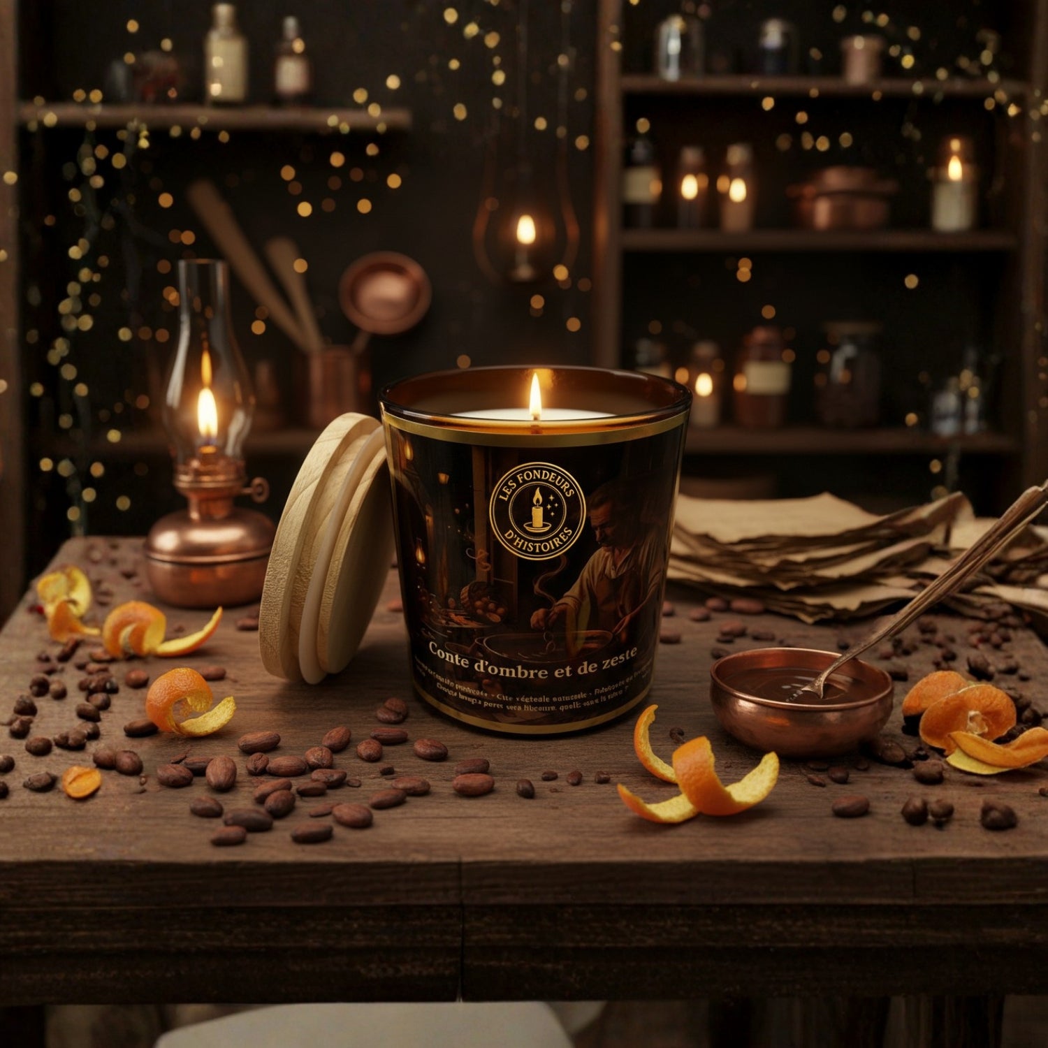 Flamme douce d’une bougie Les Fondeurs d’Histoires créant une lumière chaleureuse.