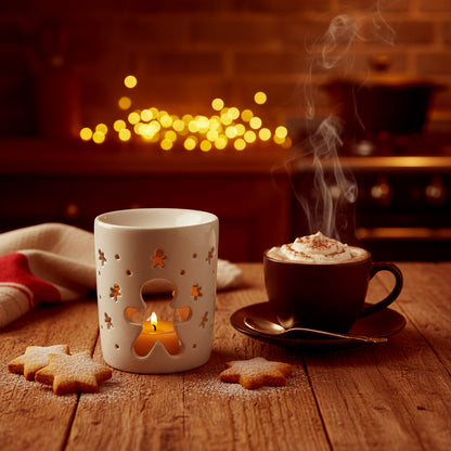 Bougie artisanale posée sur un livre ancien, ambiance bibliothèque et curiosités.