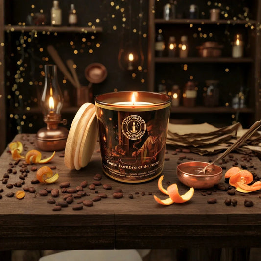Bougie artisanale parfumée Bougie parfumée Conte d’ombre et de zeste – création Les Fondeurs d'Histoires