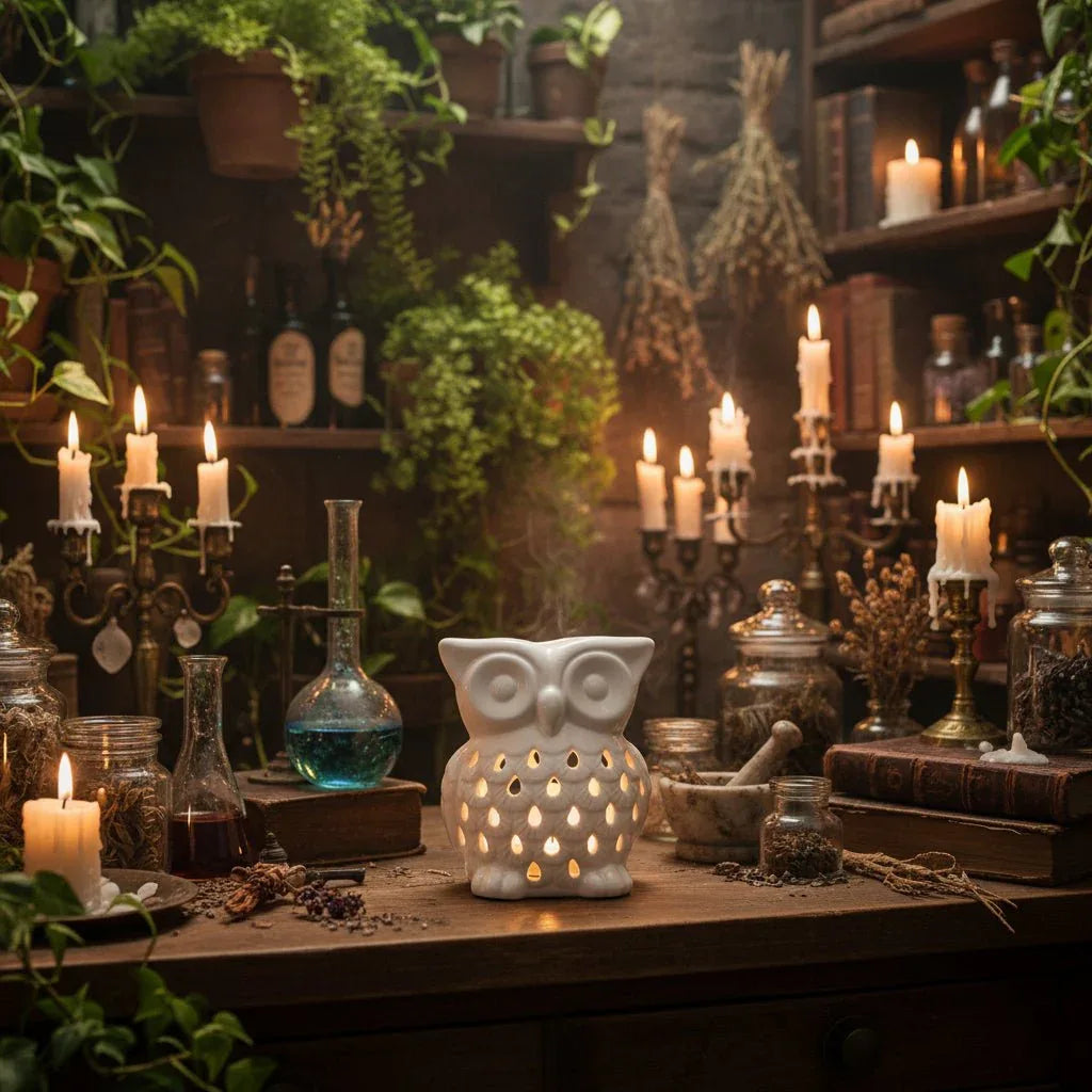 Bougie artisanale parfumée Brûleur à fondants Intuition - Hibou – création Les Fondeurs d'Histoires