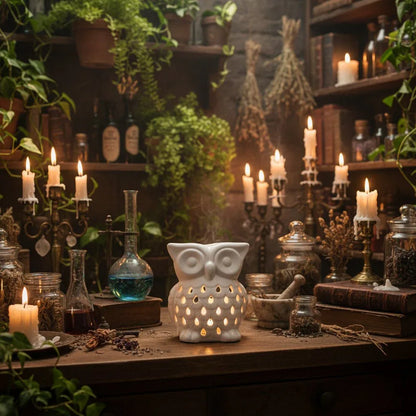 Bougie artisanale parfumée Brûleur à fondants Intuition - Hibou – création Les Fondeurs d'Histoires