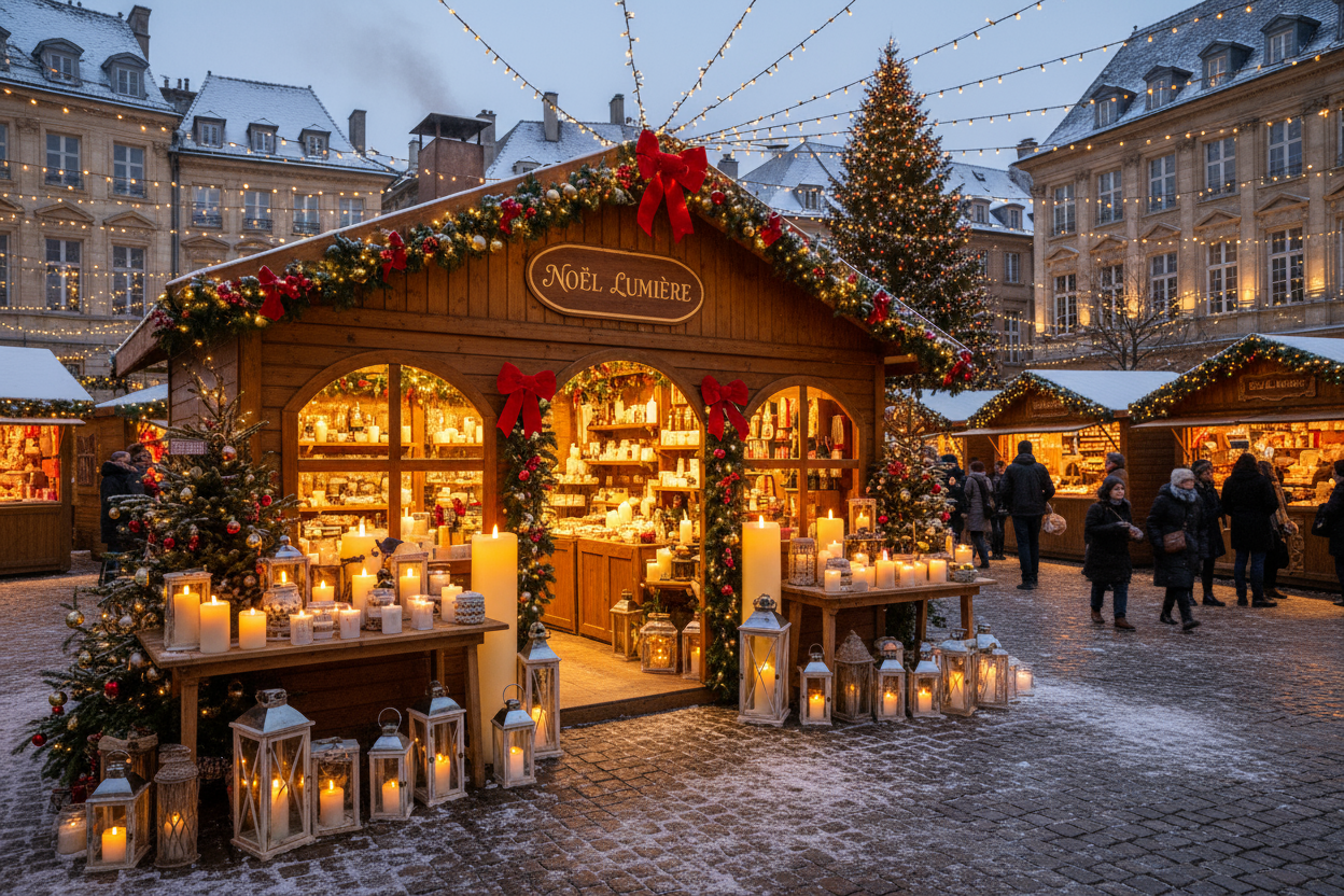 Chalet de Noël en ville, marché de Noël de nombreuses lumières, et des bougies allumées