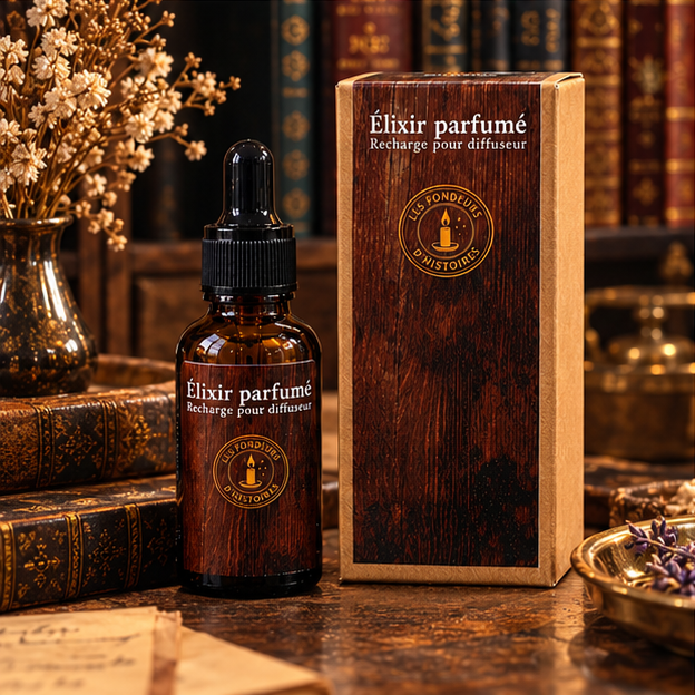 Élixir parfumé, recharge pour diffuseur en flacon ambré à pipette et sa boîte – Les Fondeurs d'Histoires