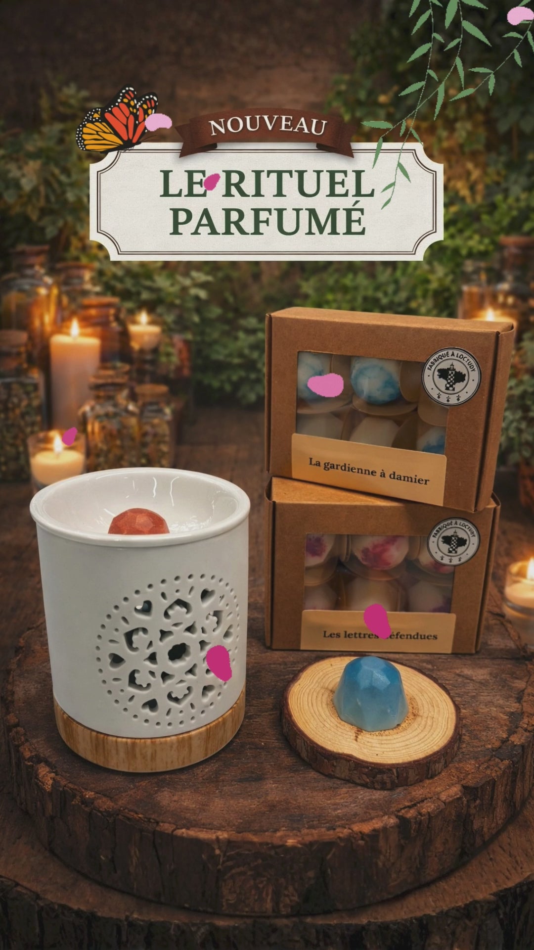 Présentation du Rituel Parfumé avec brûleur et fondants artisanaux pour créer une ambiance parfumée et chaleureuse