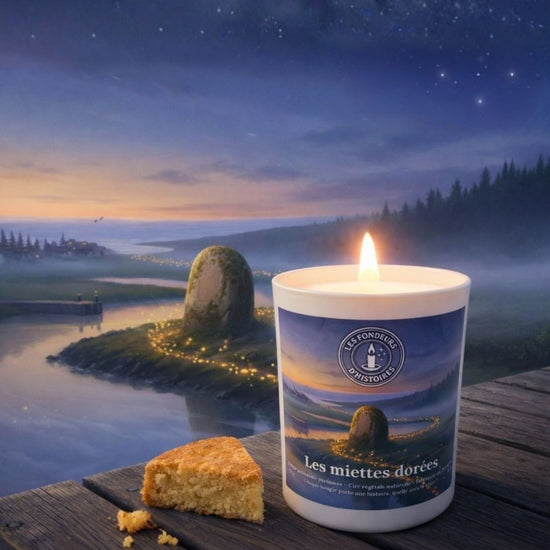Bougie artisanale parfumée Les Miettes Dorées senteur gâteau breton, fabrication française Les Fondeurs d’Histoires